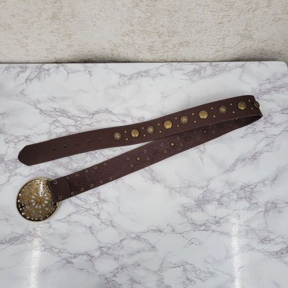 Brown Leather Belt with Studded Coin Accents Medalion Buckle Boho Western - Picture 6 of 11